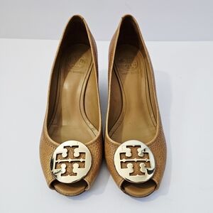 Tory Burch Peep Toe Leather Wedge Shoes Size 8.5 Slip On Heel